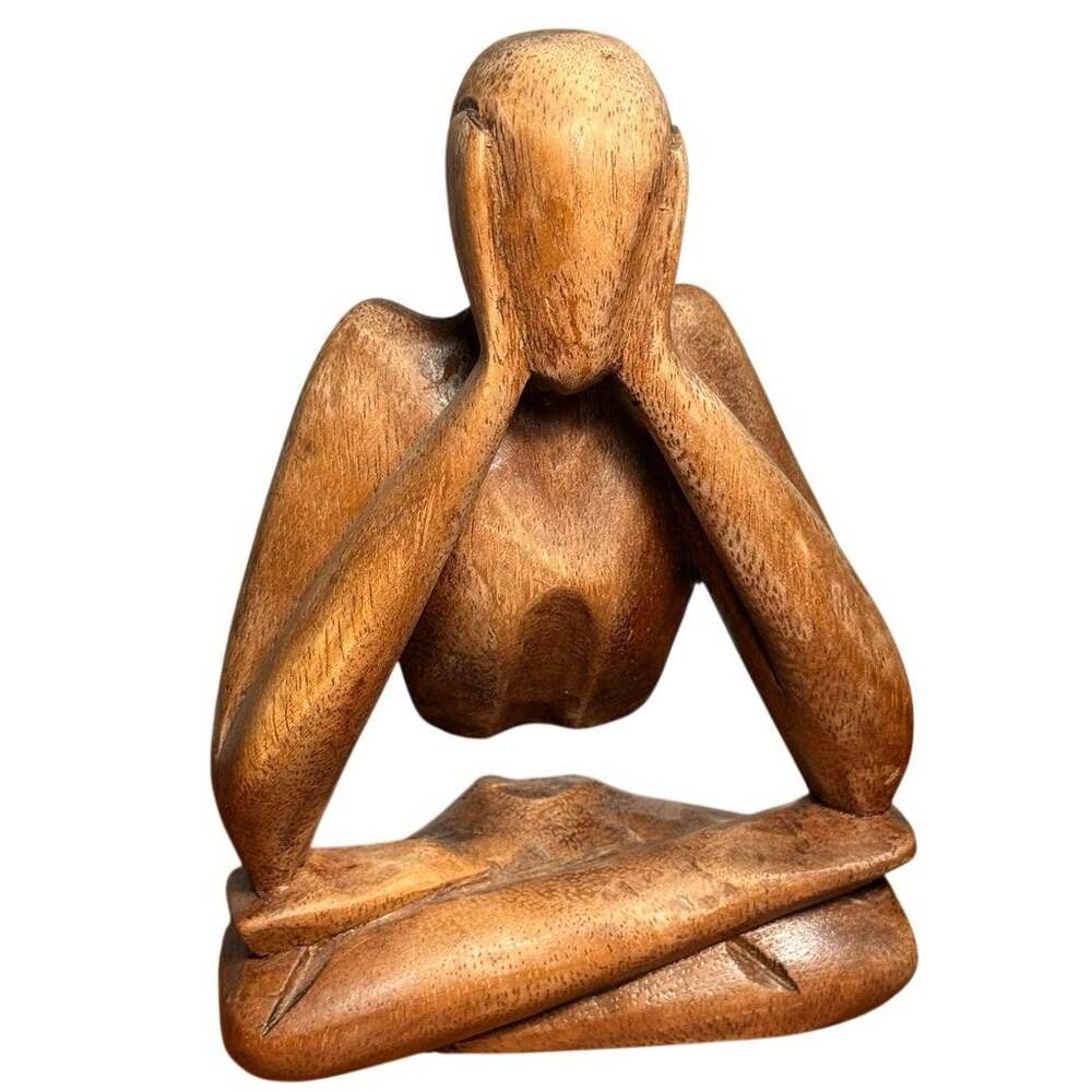Vintage Hand Carved Suar Wood Abstract Thinking Man Sculpture Figurine Bali Art